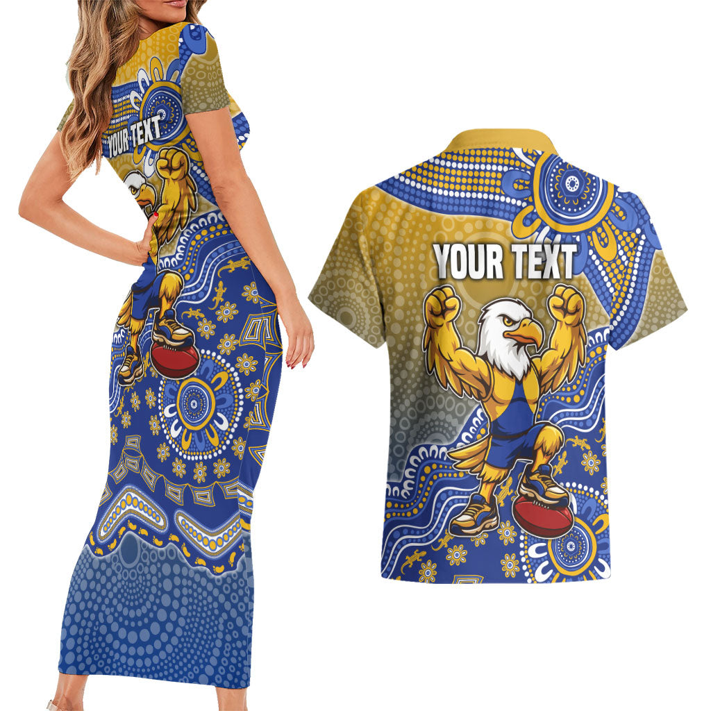 Personalized West Coast Eagles Football Mascot Couples Matching Short Sleeve Bodycon Dress and Hawaiian Shirt Aboriginal Dot Art Style Vibrant Indigenous Pattern Design