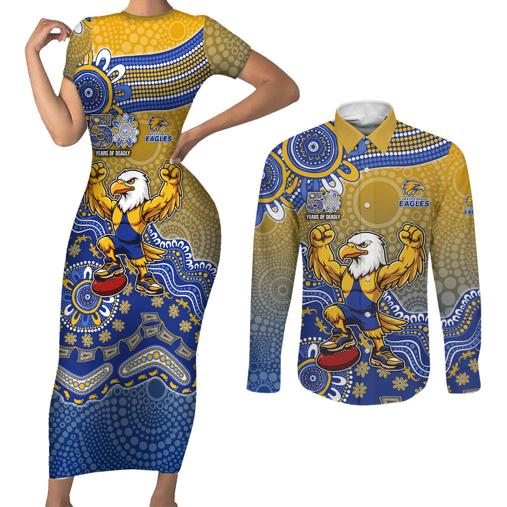 Personalized West Coast Eagles Football Mascot Couples Matching Short Sleeve Bodycon Dress and Long Sleeve Button Shirt Aboriginal Dot Art Style Vibrant Indigenous Pattern Design