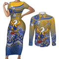 Personalized West Coast Eagles Football Mascot Couples Matching Short Sleeve Bodycon Dress and Long Sleeve Button Shirt Aboriginal Dot Art Style Vibrant Indigenous Pattern Design