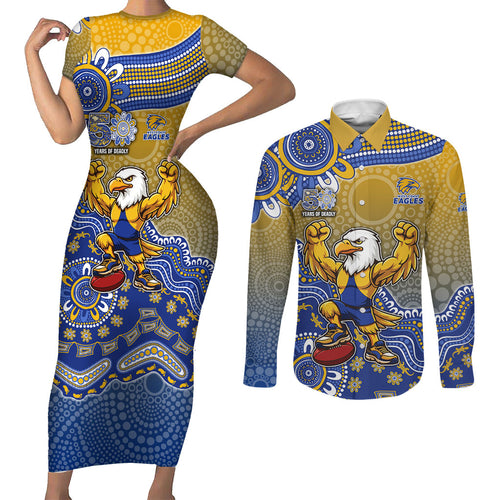 Personalized West Coast Eagles Football Mascot Couples Matching Short Sleeve Bodycon Dress and Long Sleeve Button Shirt Aboriginal Dot Art Style Vibrant Indigenous Pattern Design