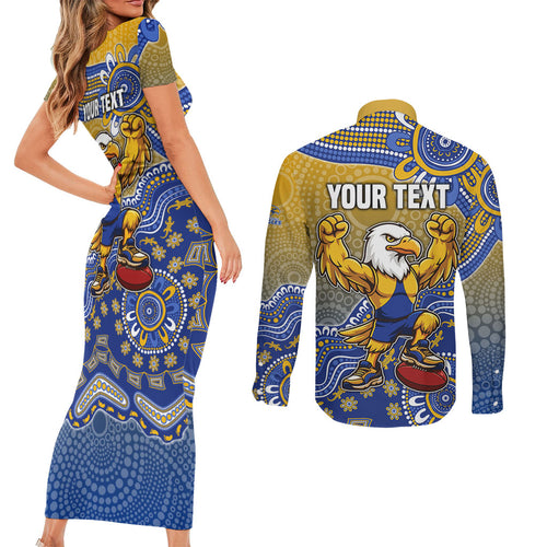 Personalized West Coast Eagles Football Mascot Couples Matching Short Sleeve Bodycon Dress and Long Sleeve Button Shirt Aboriginal Dot Art Style Vibrant Indigenous Pattern Design