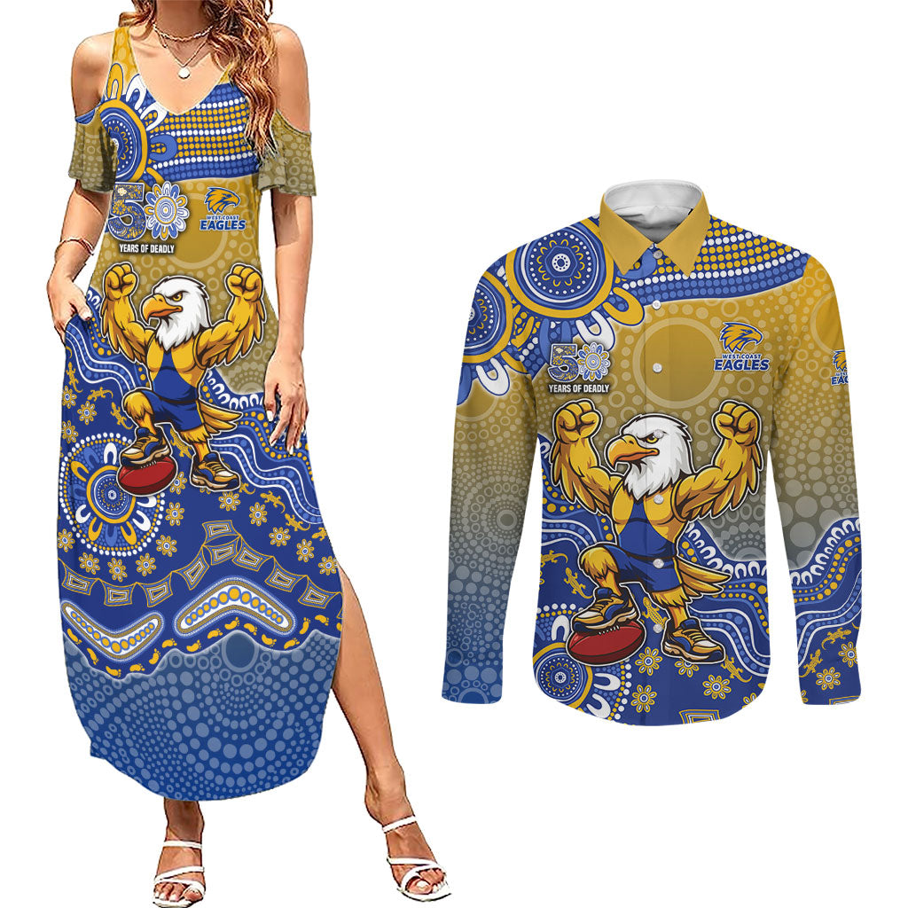 Personalized West Coast Eagles Football Mascot Couples Matching Summer Maxi Dress and Long Sleeve Button Shirt Aboriginal Dot Art Style Vibrant Indigenous Pattern Design