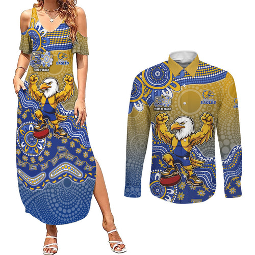 Personalized West Coast Eagles Football Mascot Couples Matching Summer Maxi Dress and Long Sleeve Button Shirt Aboriginal Dot Art Style Vibrant Indigenous Pattern Design