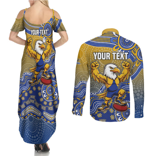 Personalized West Coast Eagles Football Mascot Couples Matching Summer Maxi Dress and Long Sleeve Button Shirt Aboriginal Dot Art Style Vibrant Indigenous Pattern Design