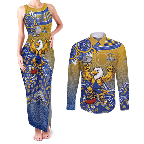 Personalized West Coast Eagles Football Mascot Couples Matching Tank Maxi Dress and Long Sleeve Button Shirt Aboriginal Dot Art Style Vibrant Indigenous Pattern Design