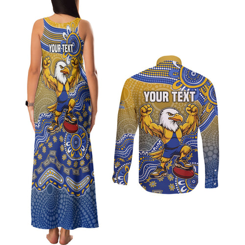 Personalized West Coast Eagles Football Mascot Couples Matching Tank Maxi Dress and Long Sleeve Button Shirt Aboriginal Dot Art Style Vibrant Indigenous Pattern Design