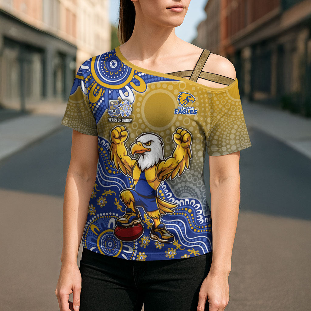 Personalized West Coast Eagles Football Mascot Cross Shoulder Shirt Aboriginal Dot Art Style Vibrant Indigenous Pattern Design