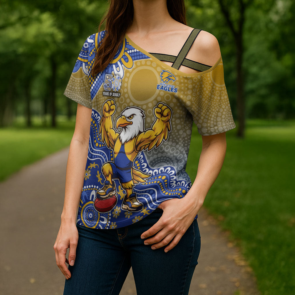 Personalized West Coast Eagles Football Mascot Cross Shoulder Shirt Aboriginal Dot Art Style Vibrant Indigenous Pattern Design