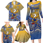 Personalized West Coast Eagles Football Mascot Family Matching Long Sleeve Bodycon Dress and Hawaiian Shirt Aboriginal Dot Art Style Vibrant Indigenous Pattern Design