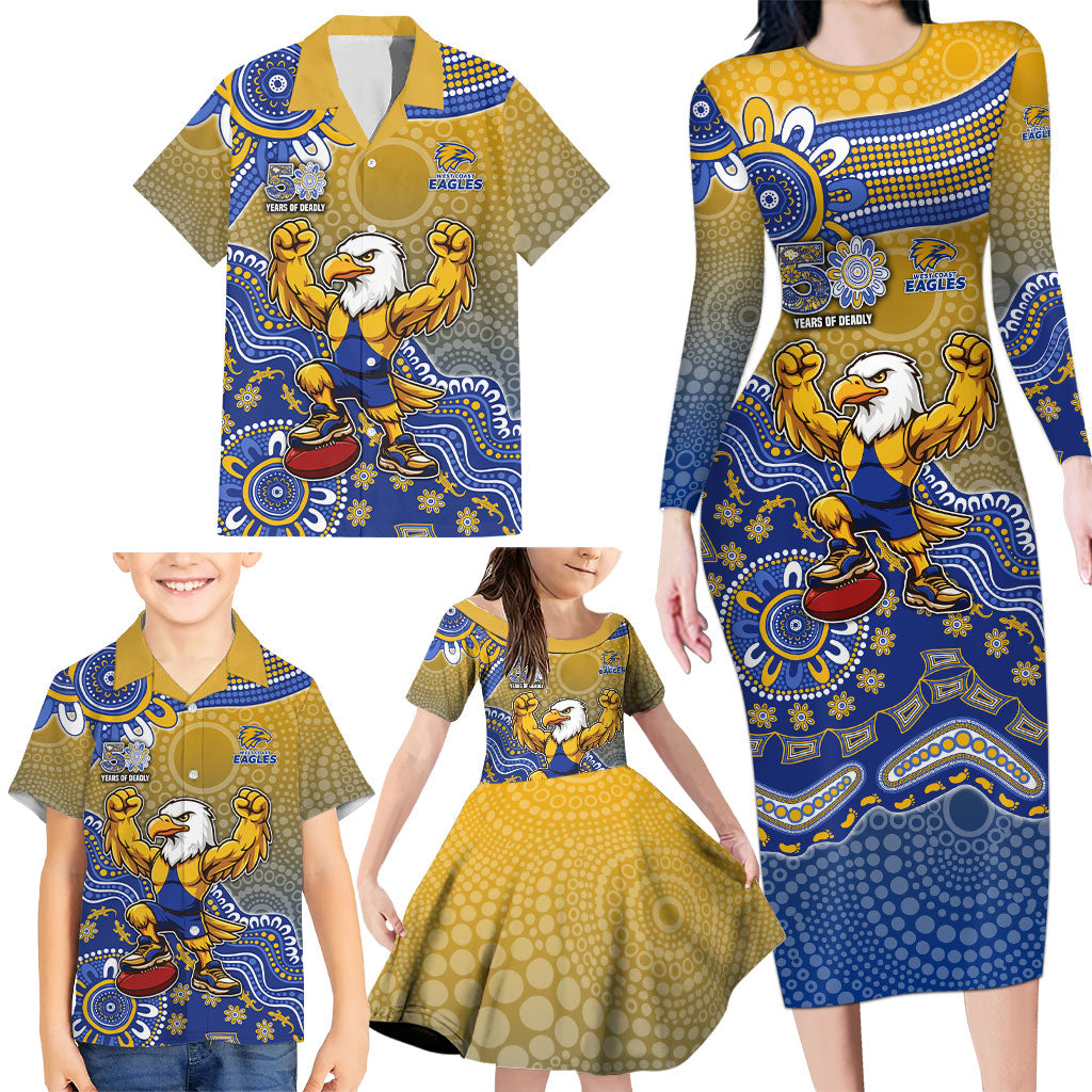Personalized West Coast Eagles Football Mascot Family Matching Long Sleeve Bodycon Dress and Hawaiian Shirt Aboriginal Dot Art Style Vibrant Indigenous Pattern Design