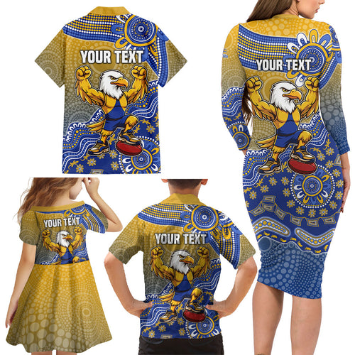 Personalized West Coast Eagles Football Mascot Family Matching Long Sleeve Bodycon Dress and Hawaiian Shirt Aboriginal Dot Art Style Vibrant Indigenous Pattern Design