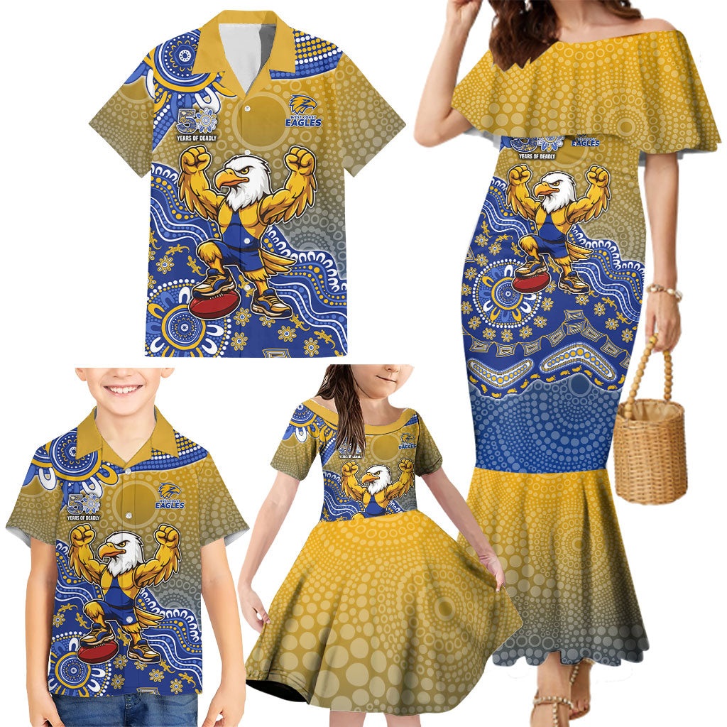 Personalized West Coast Eagles Football Mascot Family Matching Mermaid Dress and Hawaiian Shirt Aboriginal Dot Art Style Vibrant Indigenous Pattern Design