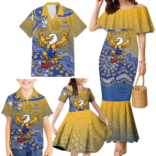 Personalized West Coast Eagles Football Mascot Family Matching Mermaid Dress and Hawaiian Shirt Aboriginal Dot Art Style Vibrant Indigenous Pattern Design