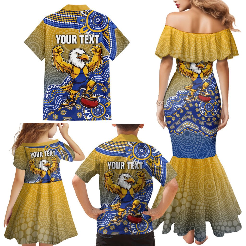 Personalized West Coast Eagles Football Mascot Family Matching Mermaid Dress and Hawaiian Shirt Aboriginal Dot Art Style Vibrant Indigenous Pattern Design