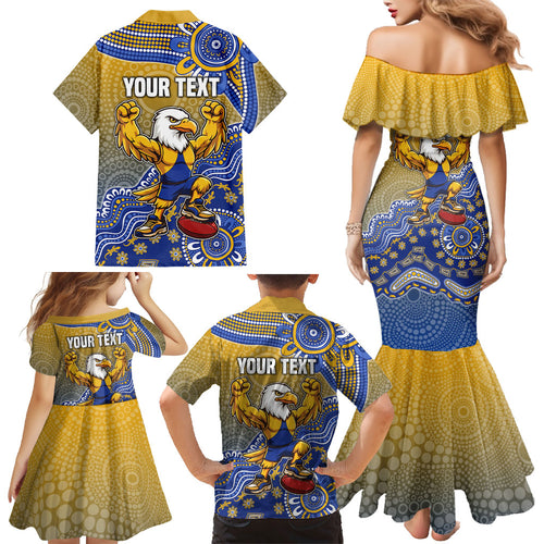 Personalized West Coast Eagles Football Mascot Family Matching Mermaid Dress and Hawaiian Shirt Aboriginal Dot Art Style Vibrant Indigenous Pattern Design
