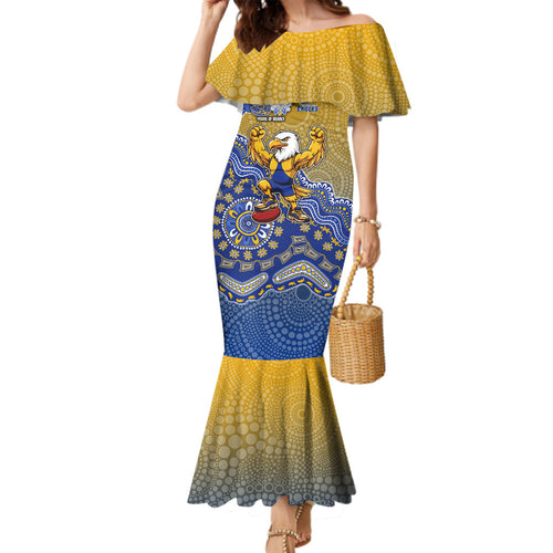 Personalized West Coast Eagles Football Mascot Family Matching Mermaid Dress and Hawaiian Shirt Aboriginal Dot Art Style Vibrant Indigenous Pattern Design