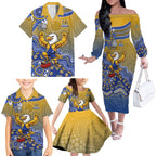 Personalized West Coast Eagles Football Mascot Family Matching Off The Shoulder Long Sleeve Dress and Hawaiian Shirt Aboriginal Dot Art Style Vibrant Indigenous Pattern Design