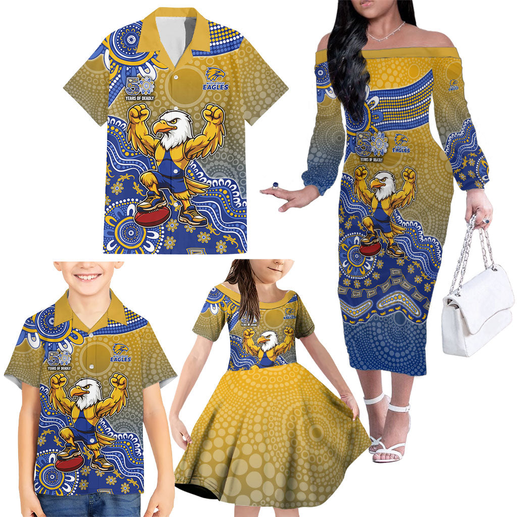 Personalized West Coast Eagles Football Mascot Family Matching Off The Shoulder Long Sleeve Dress and Hawaiian Shirt Aboriginal Dot Art Style Vibrant Indigenous Pattern Design