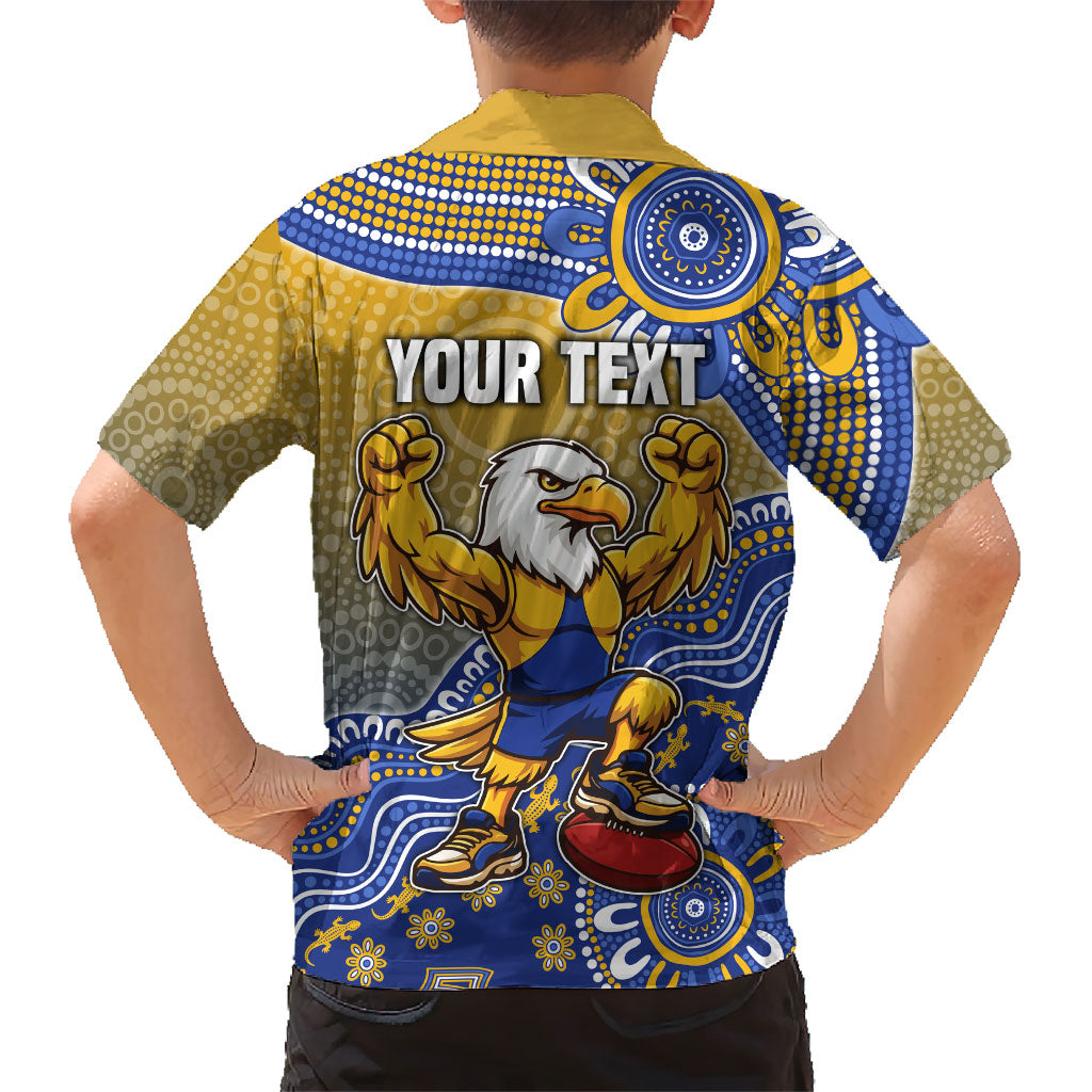 Personalized West Coast Eagles Football Mascot Family Matching Off The Shoulder Long Sleeve Dress and Hawaiian Shirt Aboriginal Dot Art Style Vibrant Indigenous Pattern Design