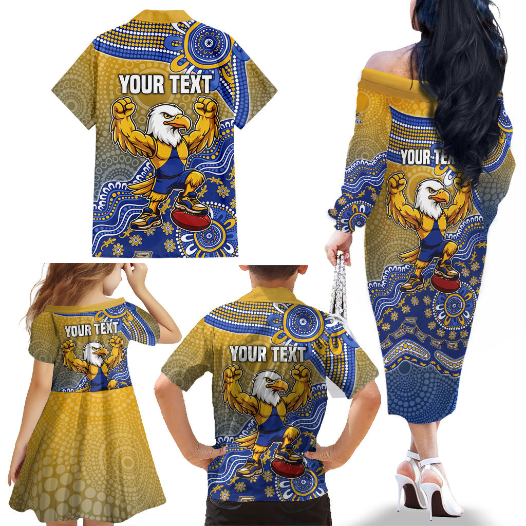 Personalized West Coast Eagles Football Mascot Family Matching Off The Shoulder Long Sleeve Dress and Hawaiian Shirt Aboriginal Dot Art Style Vibrant Indigenous Pattern Design