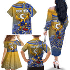 Personalized West Coast Eagles Football Mascot Family Matching Off The Shoulder Long Sleeve Dress and Hawaiian Shirt Aboriginal Dot Art Style Vibrant Indigenous Pattern Design