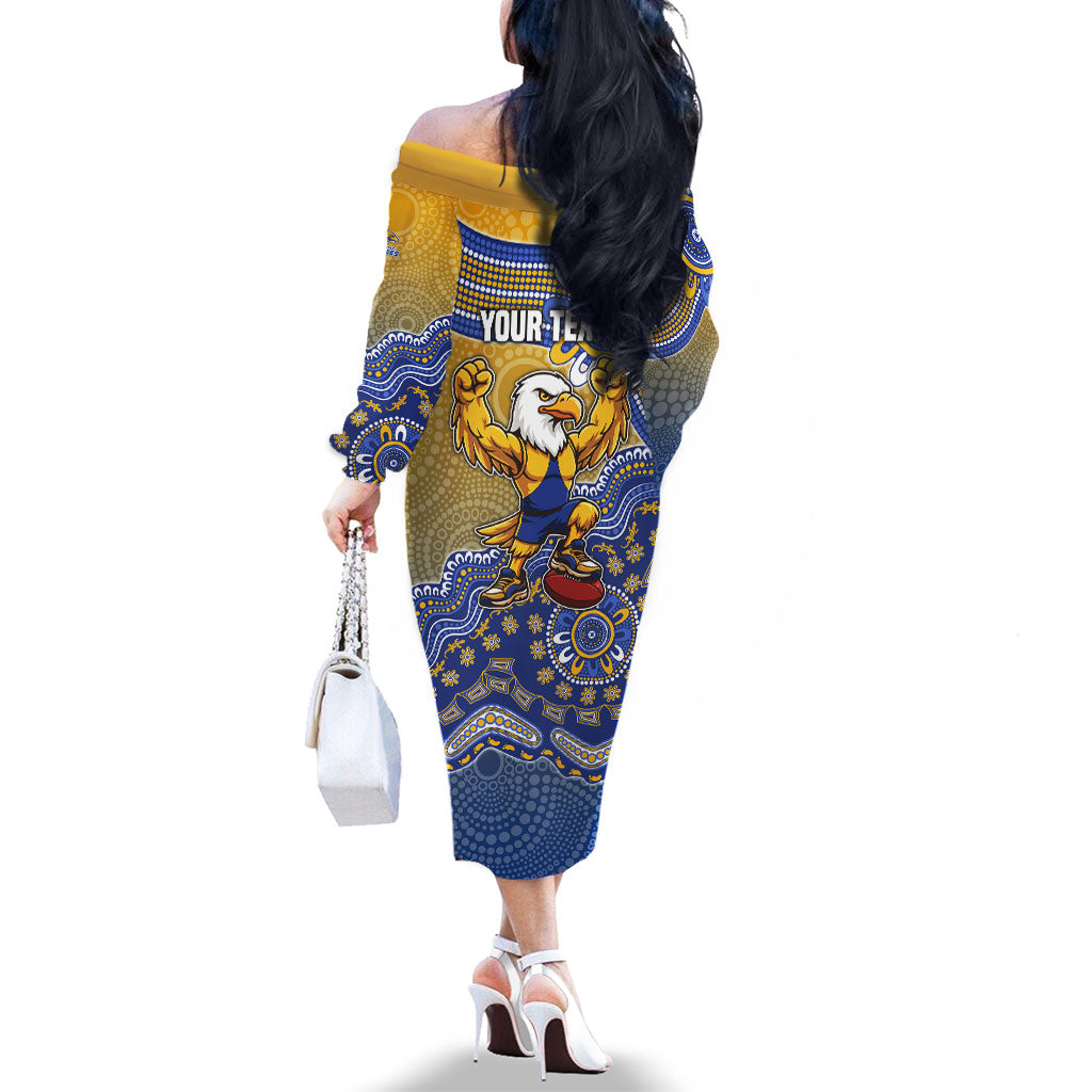 Personalized West Coast Eagles Football Mascot Family Matching Off The Shoulder Long Sleeve Dress and Hawaiian Shirt Aboriginal Dot Art Style Vibrant Indigenous Pattern Design
