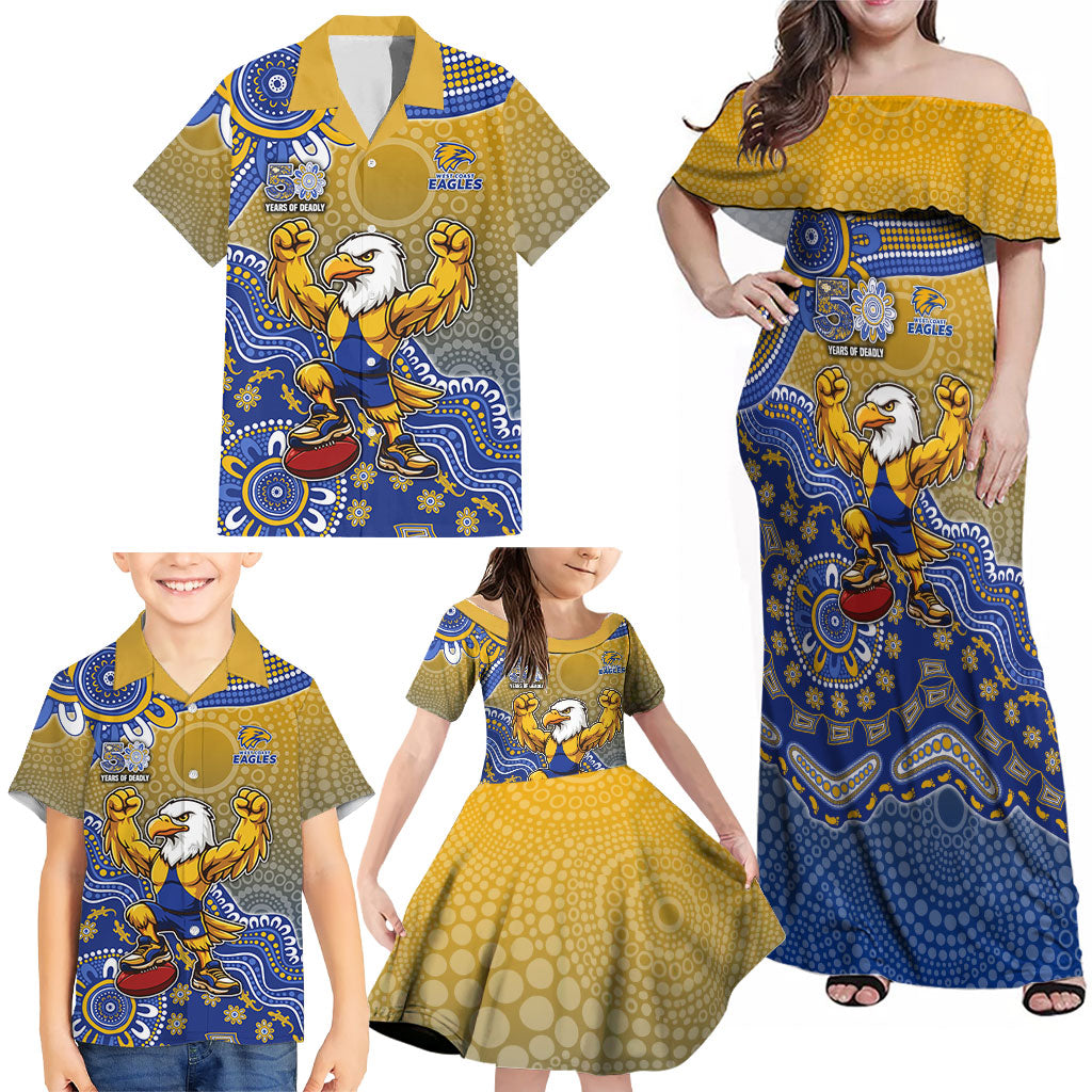 Personalized West Coast Eagles Football Mascot Family Matching Off Shoulder Maxi Dress and Hawaiian Shirt Aboriginal Dot Art Style Vibrant Indigenous Pattern Design