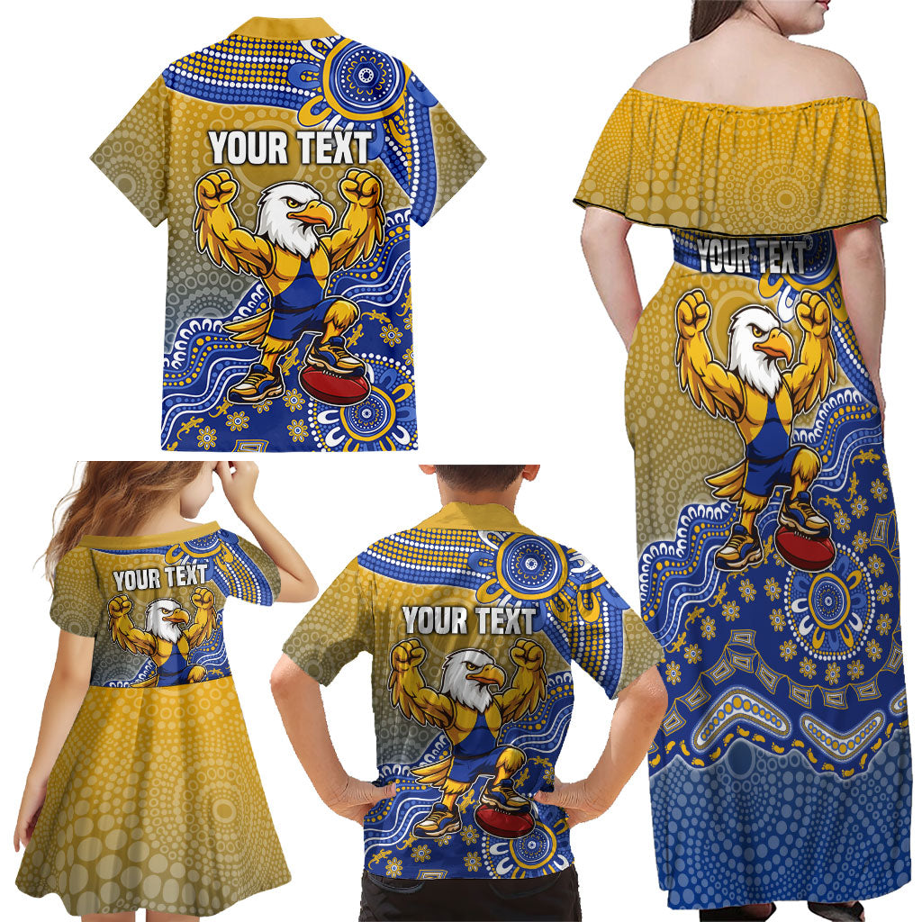 Personalized West Coast Eagles Football Mascot Family Matching Off Shoulder Maxi Dress and Hawaiian Shirt Aboriginal Dot Art Style Vibrant Indigenous Pattern Design