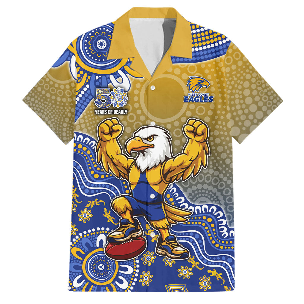 Personalized West Coast Eagles Football Mascot Family Matching Off Shoulder Maxi Dress and Hawaiian Shirt Aboriginal Dot Art Style Vibrant Indigenous Pattern Design