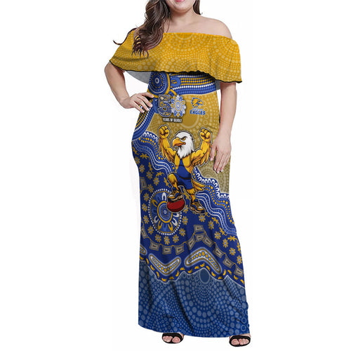 Personalized West Coast Eagles Football Mascot Family Matching Off Shoulder Maxi Dress and Hawaiian Shirt Aboriginal Dot Art Style Vibrant Indigenous Pattern Design