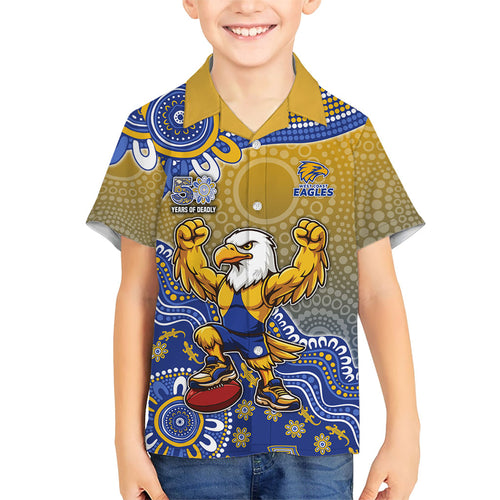 Personalized West Coast Eagles Football Mascot Family Matching Off Shoulder Maxi Dress and Hawaiian Shirt Aboriginal Dot Art Style Vibrant Indigenous Pattern Design