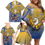 Personalized West Coast Eagles Football Mascot Family Matching Off Shoulder Short Dress and Hawaiian Shirt Aboriginal Dot Art Style Vibrant Indigenous Pattern Design
