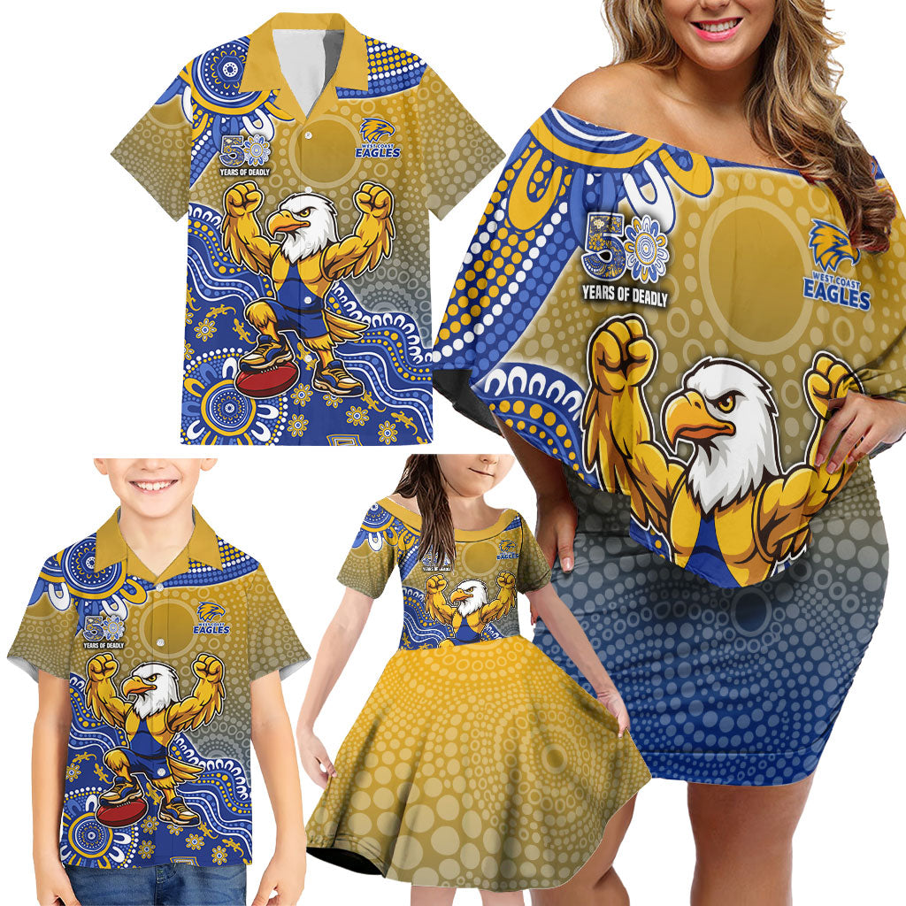 Personalized West Coast Eagles Football Mascot Family Matching Off Shoulder Short Dress and Hawaiian Shirt Aboriginal Dot Art Style Vibrant Indigenous Pattern Design