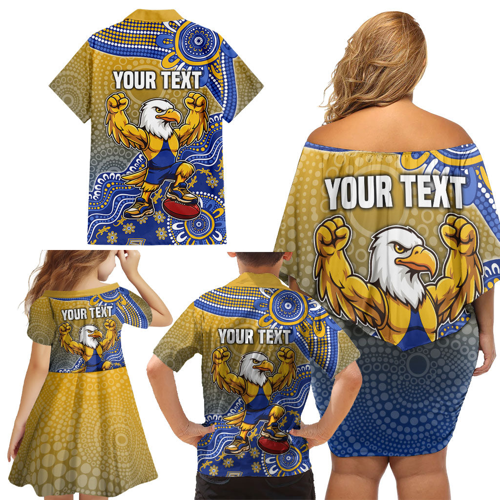Personalized West Coast Eagles Football Mascot Family Matching Off Shoulder Short Dress and Hawaiian Shirt Aboriginal Dot Art Style Vibrant Indigenous Pattern Design