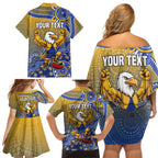 Personalized West Coast Eagles Football Mascot Family Matching Off Shoulder Short Dress and Hawaiian Shirt Aboriginal Dot Art Style Vibrant Indigenous Pattern Design