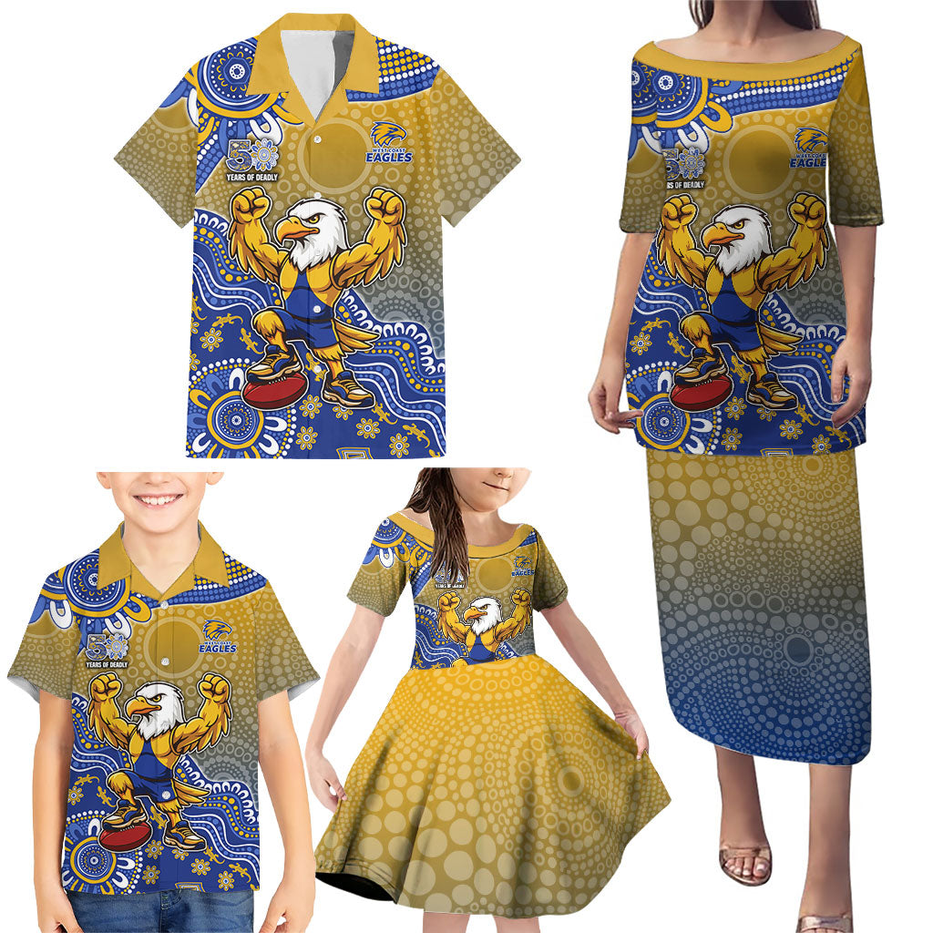 Personalized West Coast Eagles Football Mascot Family Matching Puletasi and Hawaiian Shirt Aboriginal Dot Art Style Vibrant Indigenous Pattern Design