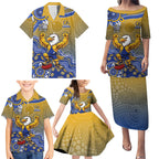 Personalized West Coast Eagles Football Mascot Family Matching Puletasi and Hawaiian Shirt Aboriginal Dot Art Style Vibrant Indigenous Pattern Design