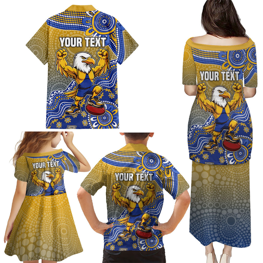 Personalized West Coast Eagles Football Mascot Family Matching Puletasi and Hawaiian Shirt Aboriginal Dot Art Style Vibrant Indigenous Pattern Design