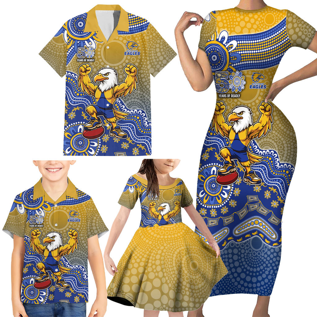 Personalized West Coast Eagles Football Mascot Family Matching Short Sleeve Bodycon Dress and Hawaiian Shirt Aboriginal Dot Art Style Vibrant Indigenous Pattern Design
