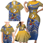 Personalized West Coast Eagles Football Mascot Family Matching Short Sleeve Bodycon Dress and Hawaiian Shirt Aboriginal Dot Art Style Vibrant Indigenous Pattern Design