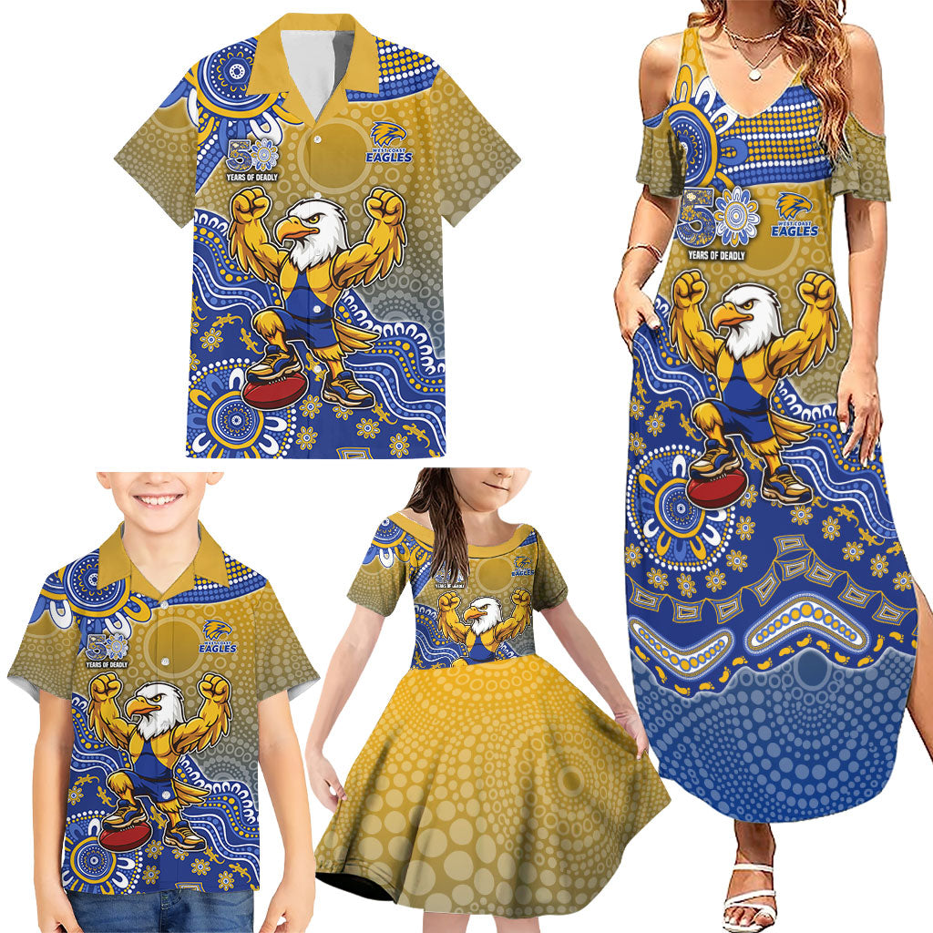 Personalized West Coast Eagles Football Mascot Family Matching Summer Maxi Dress and Hawaiian Shirt Aboriginal Dot Art Style Vibrant Indigenous Pattern Design
