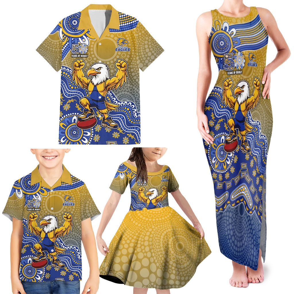 Personalized West Coast Eagles Football Mascot Family Matching Tank Maxi Dress and Hawaiian Shirt Aboriginal Dot Art Style Vibrant Indigenous Pattern Design