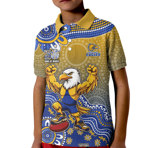 Personalized West Coast Eagles Football Mascot Kid Polo Shirt Aboriginal Dot Art Style Vibrant Indigenous Pattern Design