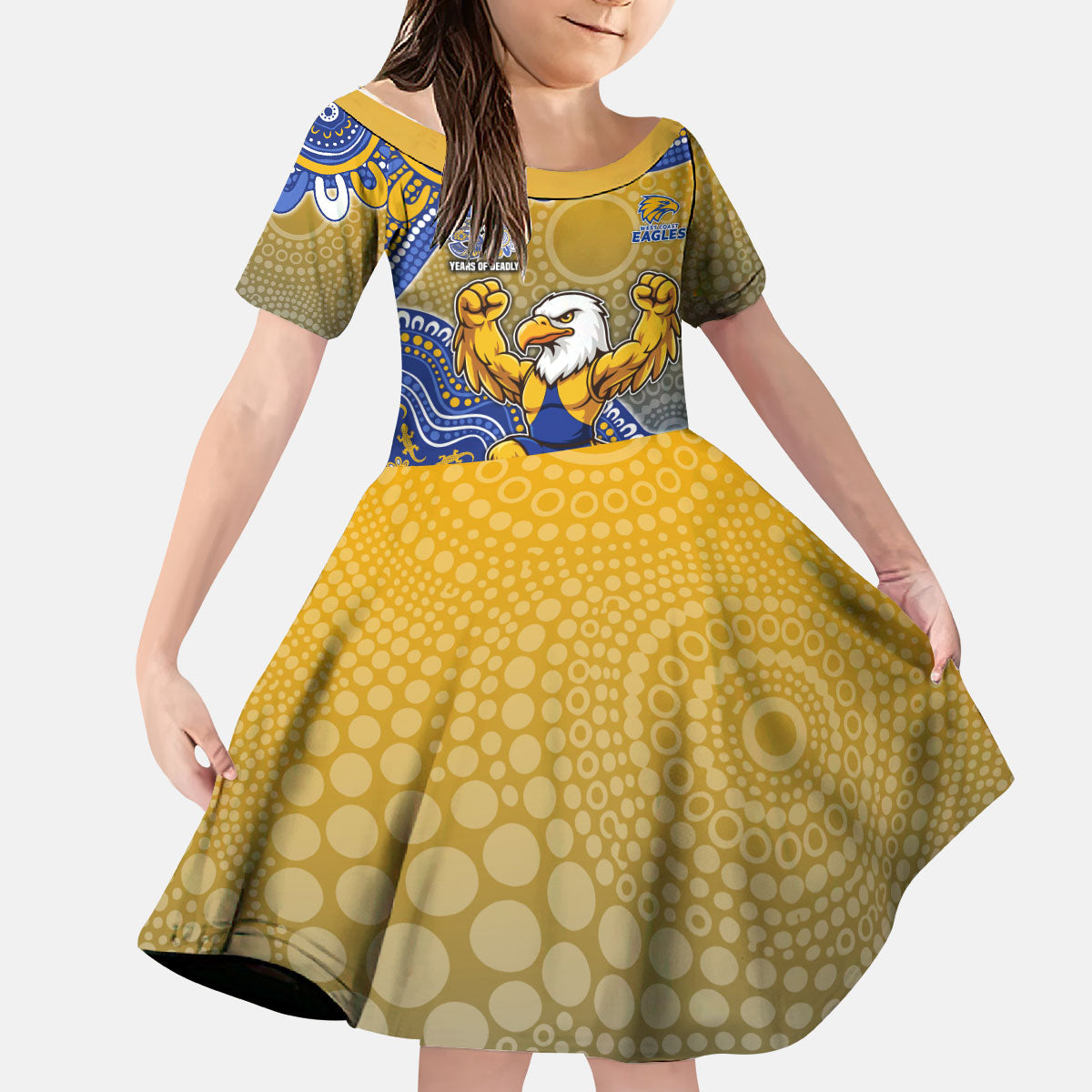 Personalized West Coast Eagles Football Mascot Kid Short Sleeve Dress Aboriginal Dot Art Style Vibrant Indigenous Pattern Design