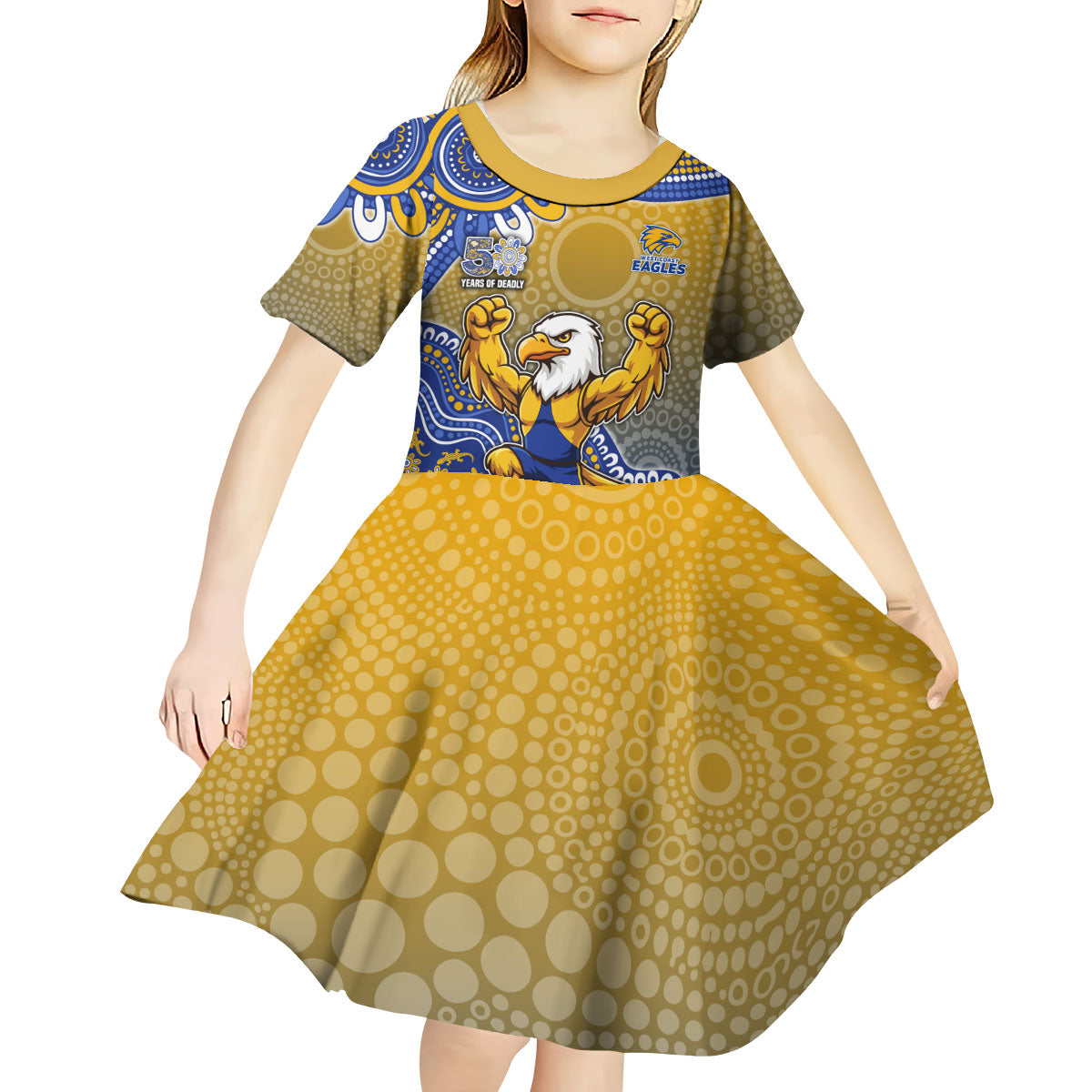 Personalized West Coast Eagles Football Mascot Kid Short Sleeve Dress Aboriginal Dot Art Style Vibrant Indigenous Pattern Design