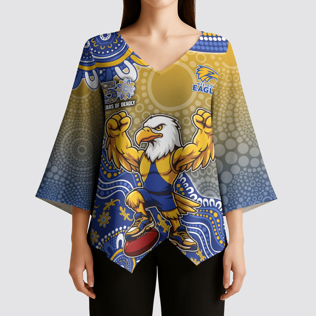 Personalized West Coast Eagles Football Mascot Kimono Sleeve Blouse Aboriginal Dot Art Style Vibrant Indigenous Pattern Design