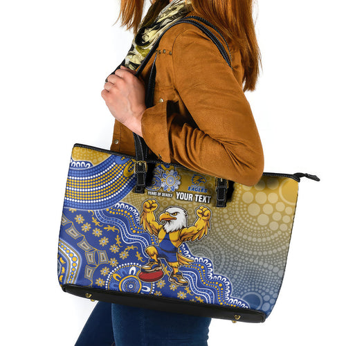 Personalized West Coast Eagles Football Mascot Leather Tote Bag Aboriginal Dot Art Style Vibrant Indigenous Pattern Design