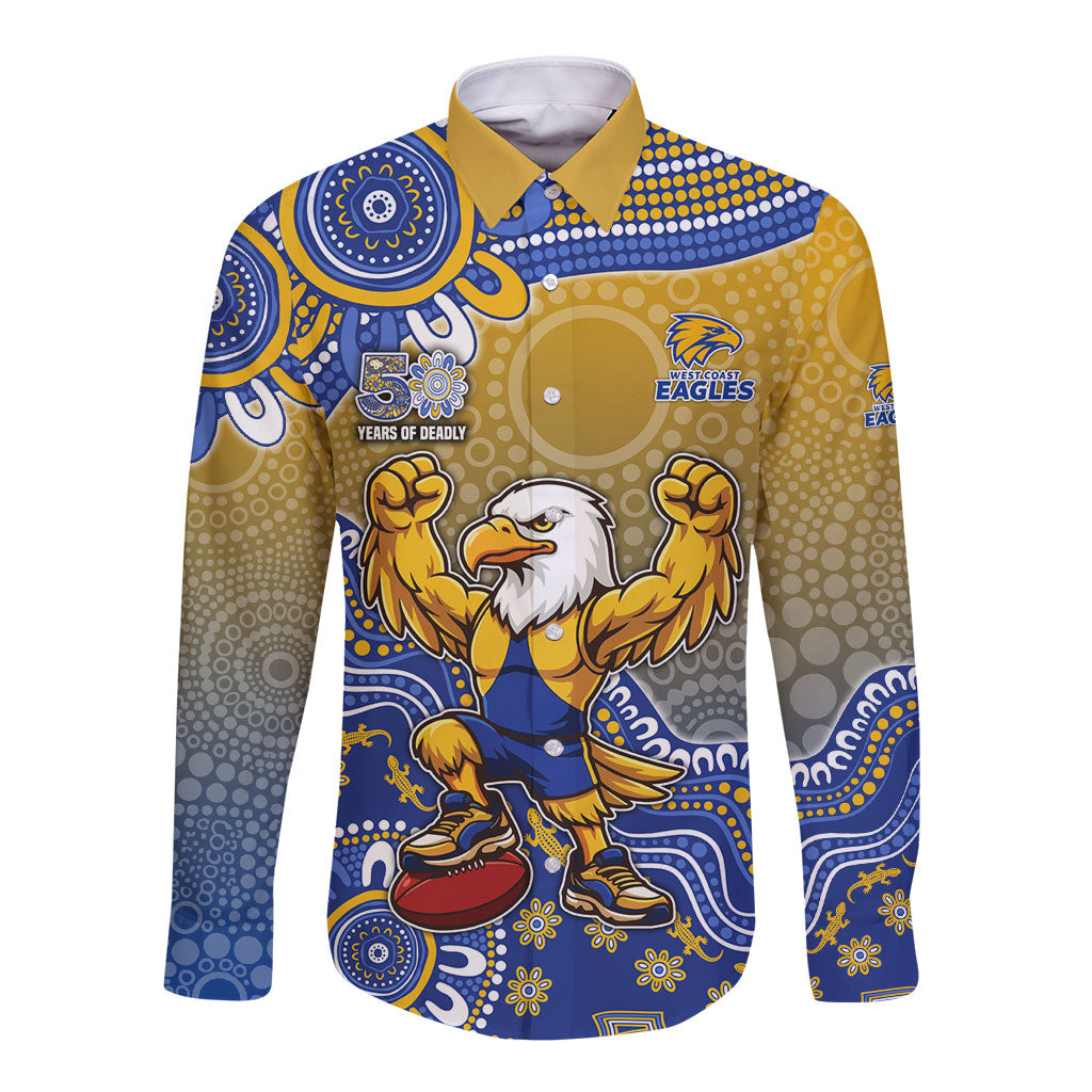 Personalized West Coast Eagles Football Mascot Long Sleeve Button Shirt Aboriginal Dot Art Style Vibrant Indigenous Pattern Design