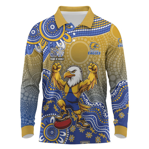 Personalized West Coast Eagles Football Mascot Long Sleeve Polo Shirt Aboriginal Dot Art Style Vibrant Indigenous Pattern Design