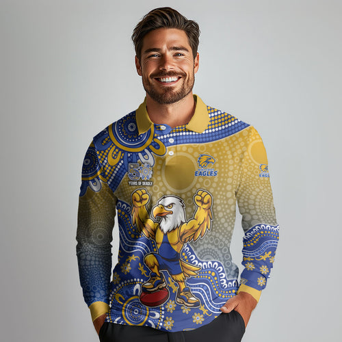 Personalized West Coast Eagles Football Mascot Long Sleeve Polo Shirt Aboriginal Dot Art Style Vibrant Indigenous Pattern Design